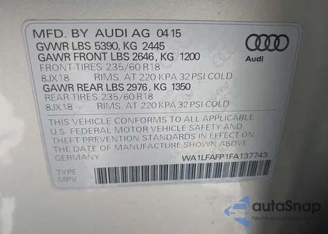 2015 Audi Q5 2.0T Premium из США, поврежденный, VIN WA1LFAFP1FA137743